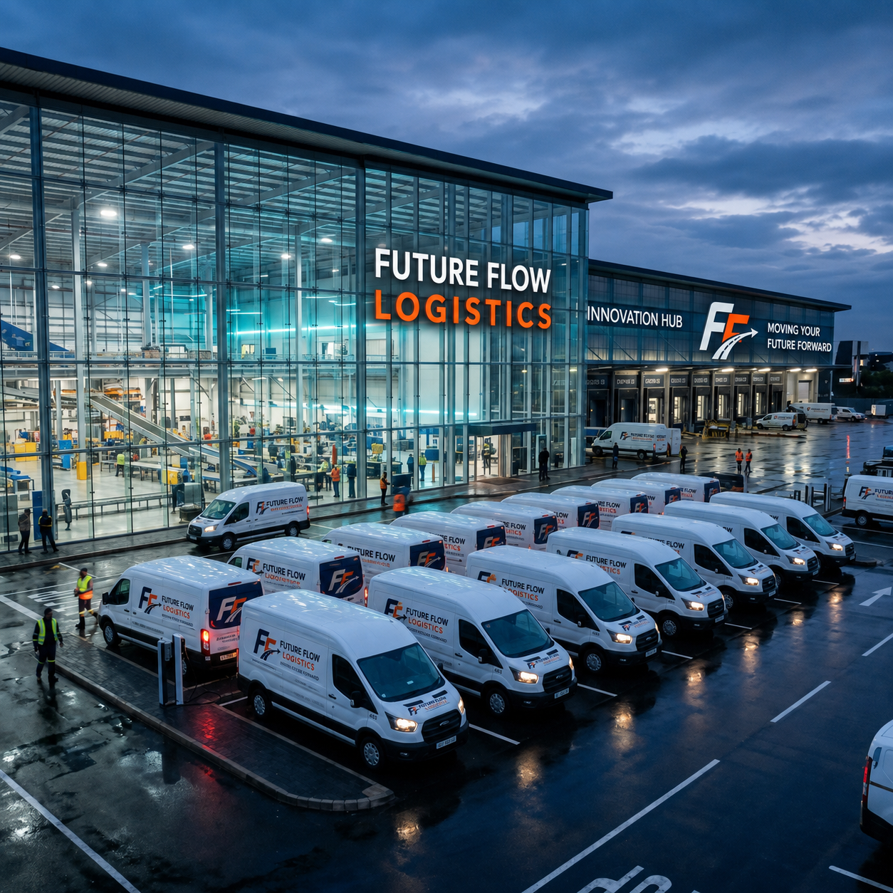SwiftCourier Fleet — Nationwide delivery vehicles at dawn